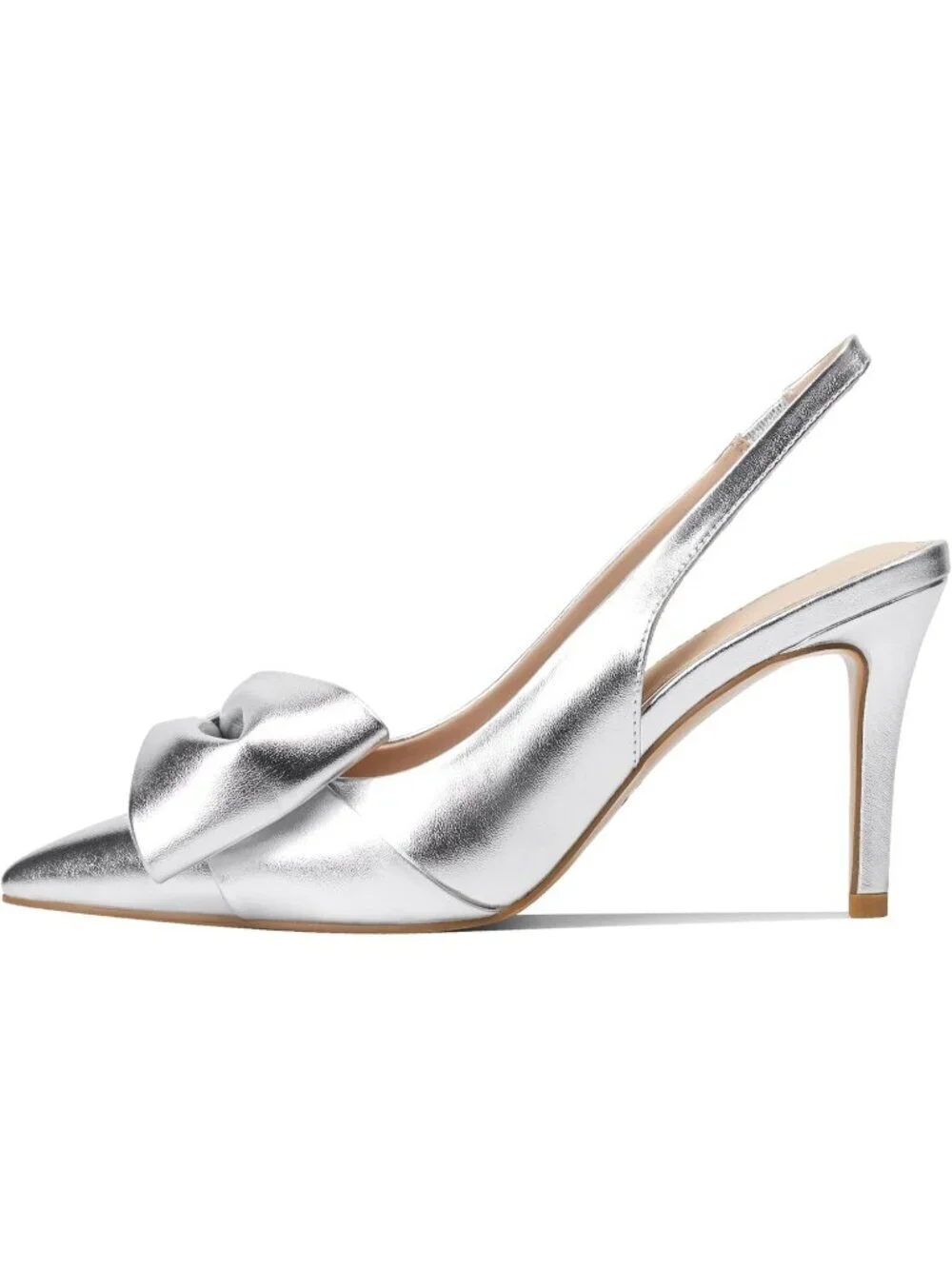 Women's Pu Silver Slingback Heels with Bow Pointed Toe Pumps Dress Shoes
